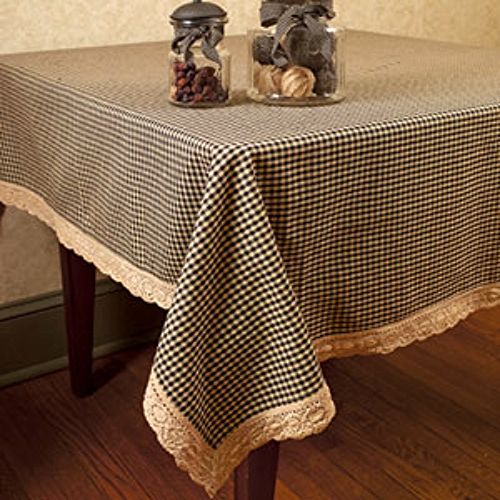 Primitive Country Farmhouse BLACK TAN GINGHAM LACE TABLECLOTH Check
