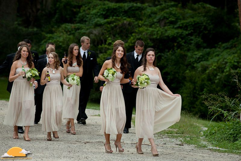 bridesmaids in tan dresses casual bridal party