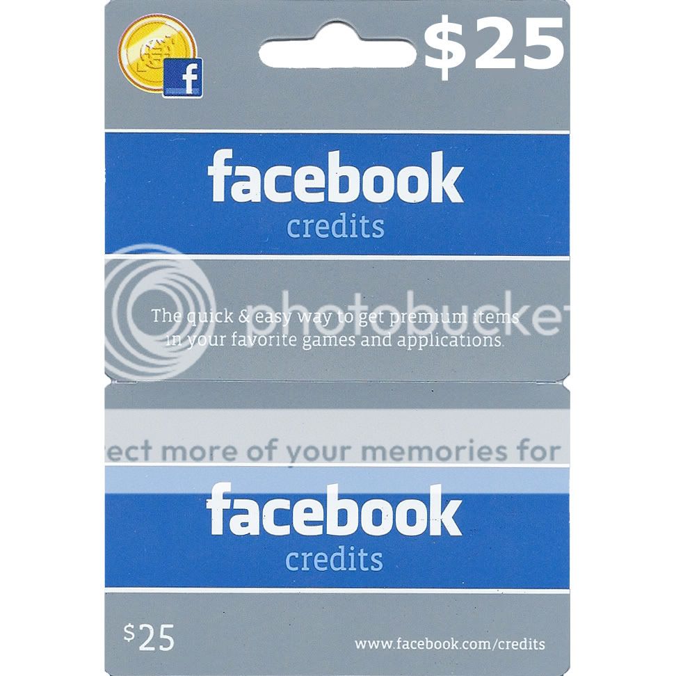 Facebook $25 Credits Prepaid Card Zynga Cityville Farmville Free 