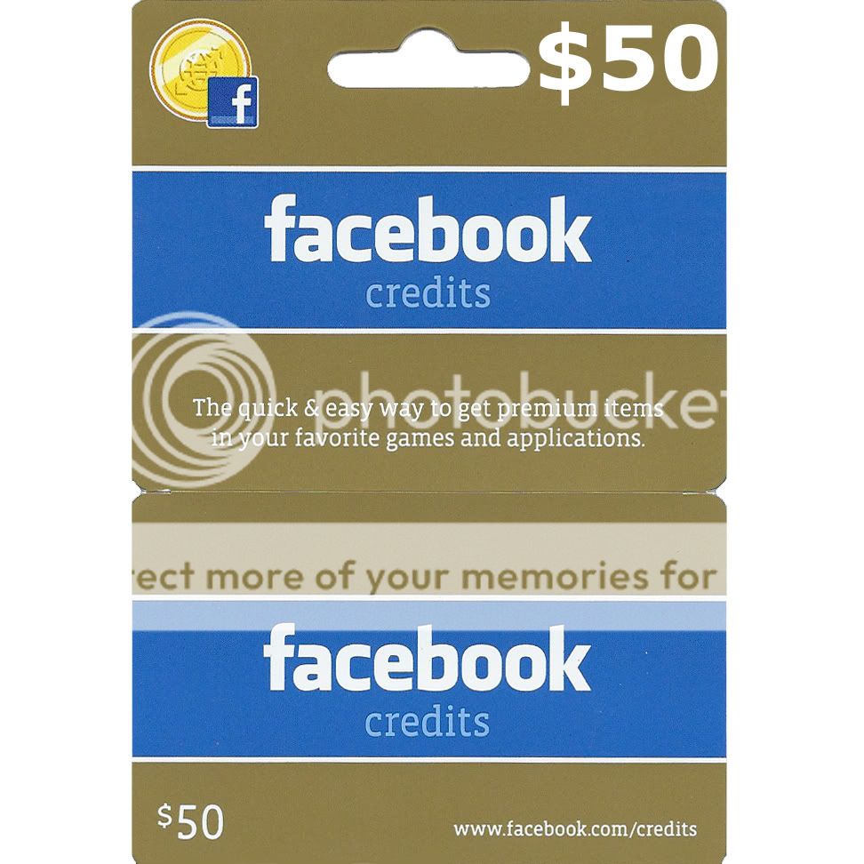 Facebook $50 Credits Prepaid Card Zynga Cityville Farmville Free 