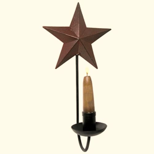 New Primiive Country Burgundy Barn Star Candle Sconce Taper Holder Wall Hanger